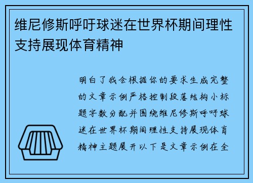 维尼修斯呼吁球迷在世界杯期间理性支持展现体育精神