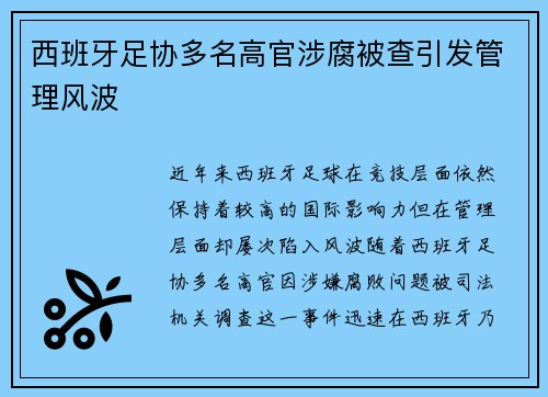 西班牙足协多名高官涉腐被查引发管理风波 西班牙足协多名高官涉腐被查引发管理风波