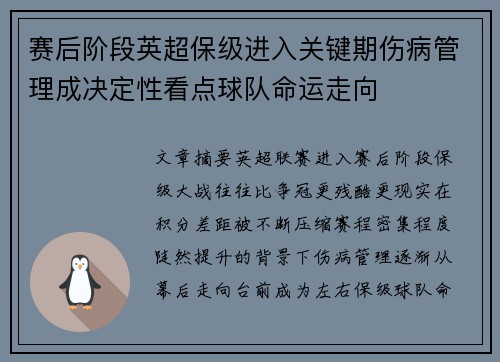 赛后阶段英超保级进入关键期伤病管理成决定性看点球队命运走向 赛后阶段英超保级进入关键期伤病管理成决定性看点球队命运走向